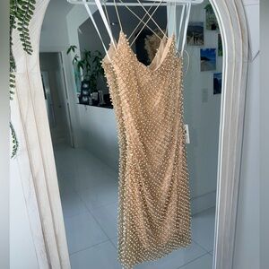 Pearl-Studded Mini Dress in Champagne/Gold - NWT